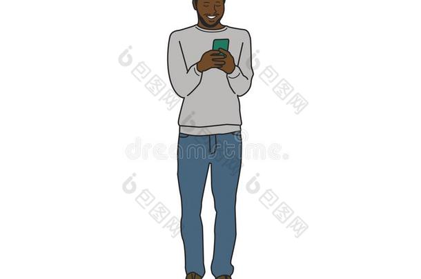 有插画的报章杂志黑的男人使用可移动的电话