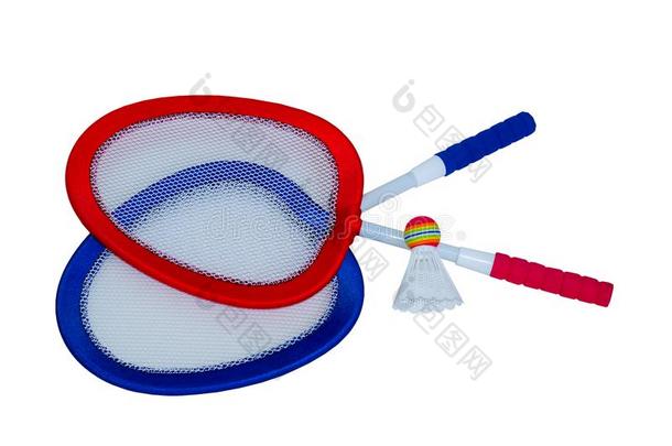两个球拍采用红色的和蓝色和一羽毛球为b一dm采用ton