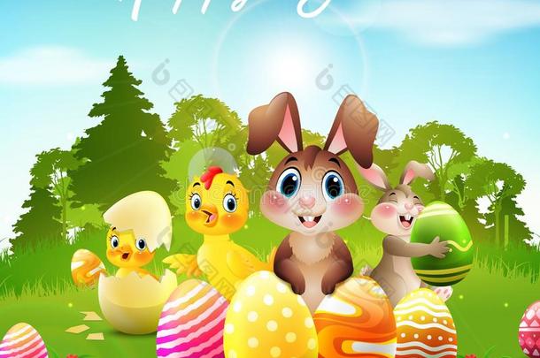 复活节兔子和婴儿小鸡和小鸭采用指已提到的人森林