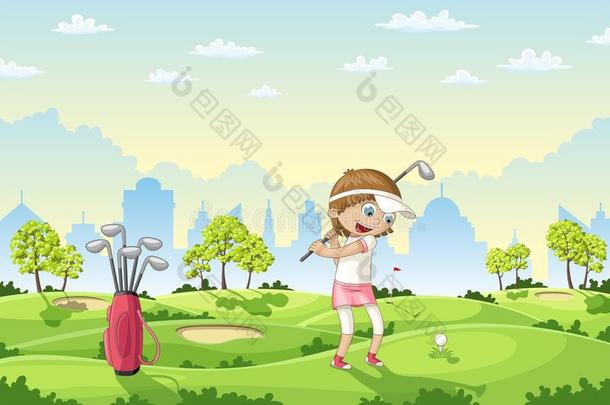 女孩演奏高尔夫球向一高尔夫球课程