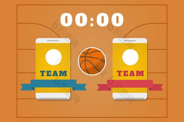 篮球田,球,记分板和智能手机和队.