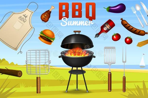 烤架烧烤原理放置隔离的向红色的背景.barbecue吃烤烧肉的野餐部分