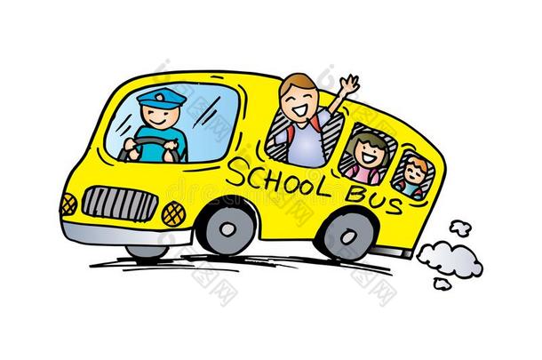 学校公共汽车和幸福的孩子们.