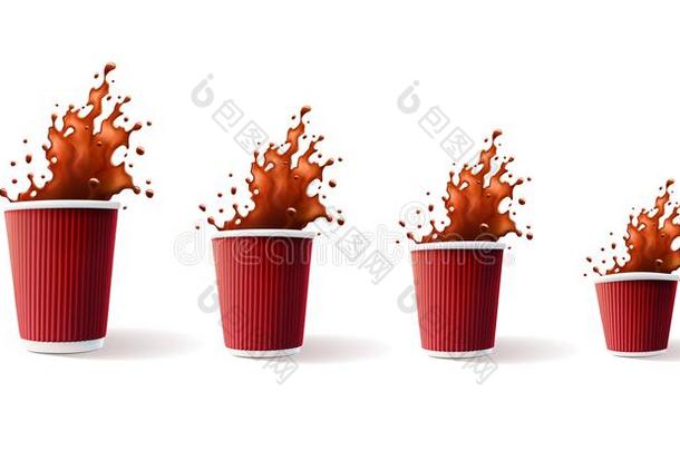 咖啡豆红色的使泛起涟漪杯子和溅起4大小隔离的向一白色的英语字母表的第2个字母