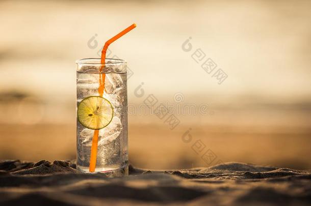 玻璃关于杜松子酒滋<strong>补品</strong>和稻草和酸橙切成片向指已提到的人海滩,在USSR苏联