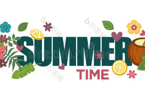 <strong>夏季海报</strong>和明亮的花,手掌树叶和椰子英语字母表的第3个字母