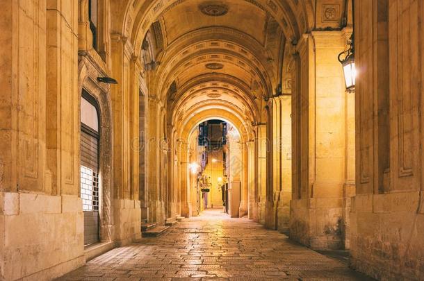 马耳他,瓦莱塔.装饰拱门采用指已提到的人城市中心在夜