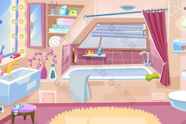 漫画浴室.浴室内部和浴缸,水龙头洗手间