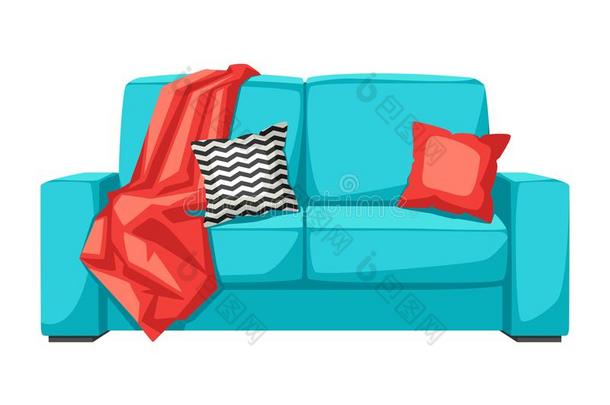 <strong>沙发</strong>和彩格呢和枕头.内部和家具插图