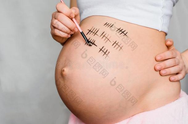 怀孕的女孩绘画向她肚子怀孕学期