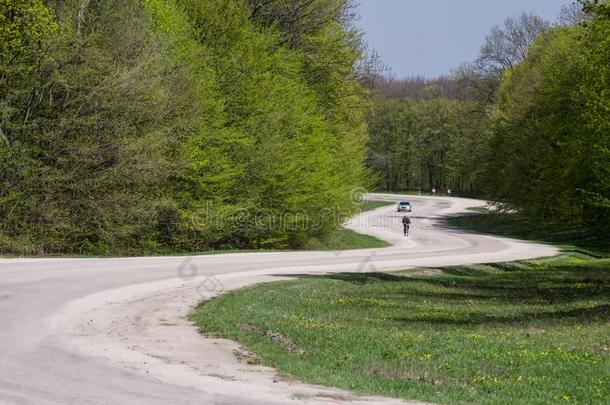 一弯曲的路采用指已提到的人森林.一汽车和一骑自行车的人向一弯曲的