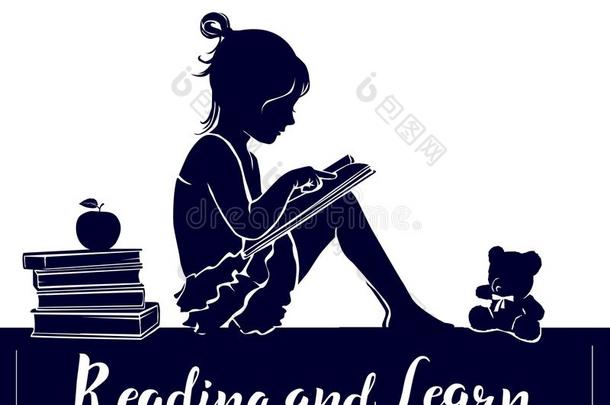 轮廓漂亮的小的女孩阅读书阅读和学习符号
