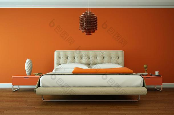 现代的卧室和桔子墙和现代的布置