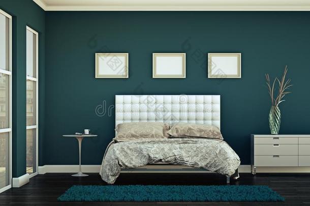 现代的卧室和蓝色墙和现代的布置