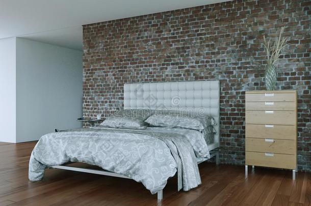 现代的卧室和石头墙和现代的布置
