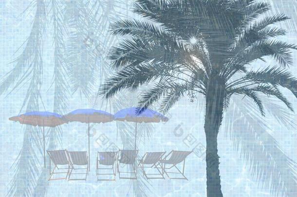 太阳休息厅椅子和蓝色太阳伞向绿<strong>松石</strong>蓝色水池水