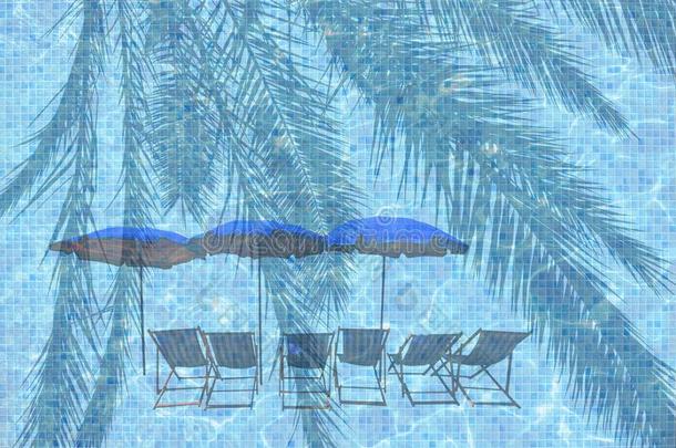 太阳休息厅椅子和蓝色太阳伞向绿松石蓝色水池水