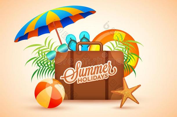夏在假日海报和同行的袋,雨伞,群射球