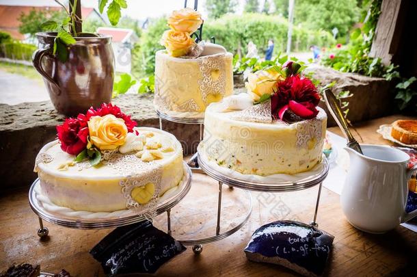 白色的婚礼蛋糕和糖果装饰和自然的花
