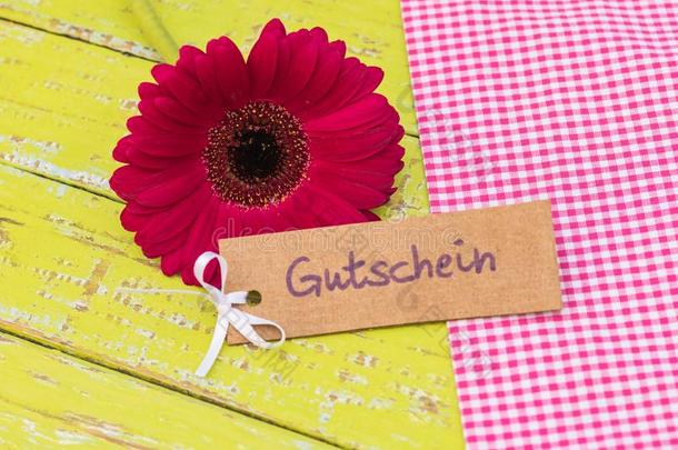大丁草雏菊花和赠品加标签于德国的单词,代金券,方法