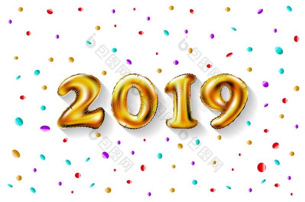 金属的金信气球,2019幸福的新的年,数字球,