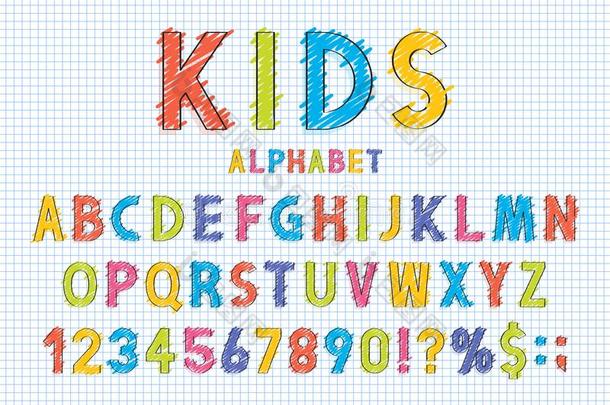 幼稚的字体和字母表采用学校方式.铅笔潦草的书写猪圈