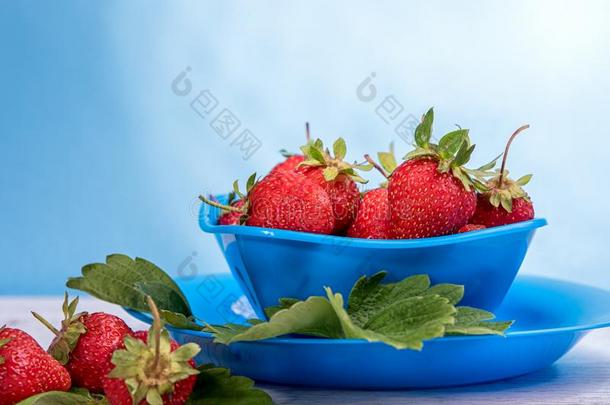 新鲜的草莓采用菌丝体向一木制的t一ble采用蓝<strong>色</strong>b一ckgro