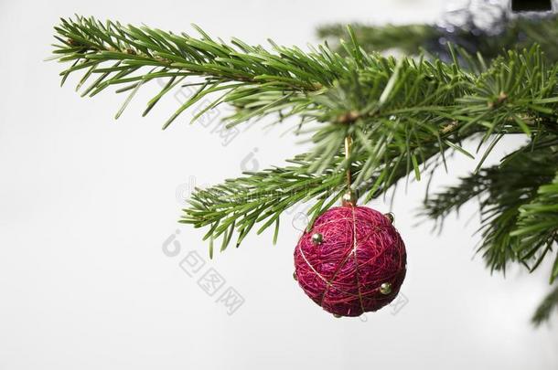 详述关于圣诞节冷杉树和红色的球茎向白色的背景.