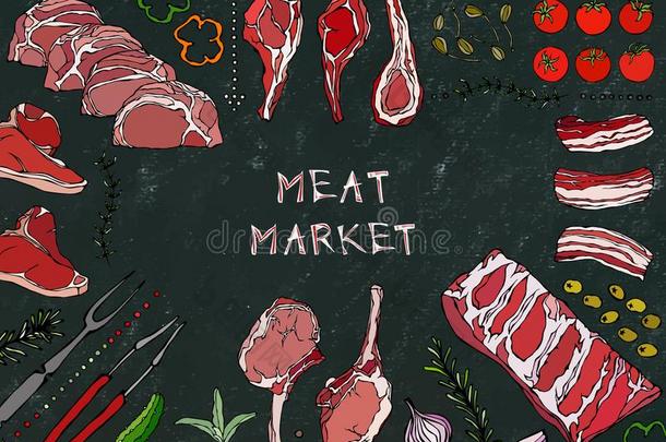 肉交易.肉切-牛肉,猪肉,羔羊,牛排,去骨的臀部,