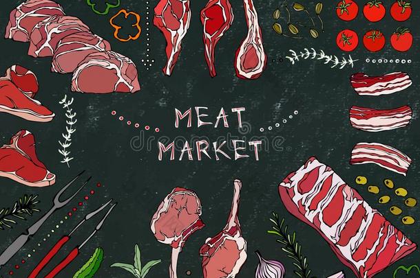 肉交易.肉切-牛肉,猪肉,羔羊,牛排,去骨的臀部,