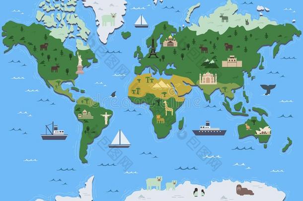 程式化的世界地图和旅行者吸引象征.简单的geografiorgeografisk地理或者地理学家