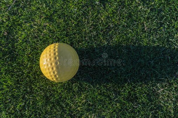 黄色的高尔夫球球和它的阴影向指已提到的人草关于<strong>一课</strong>程ne<strong>一</strong>r英文字母表的第19个字母