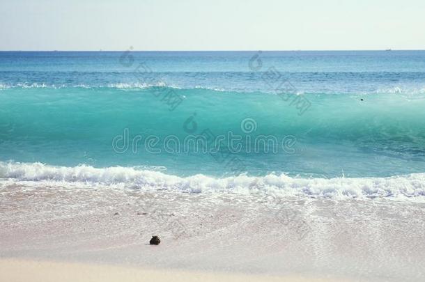 洋海景画风景优美的和大大地波浪绝对的向沙的岸.英语字母表的第2个字母