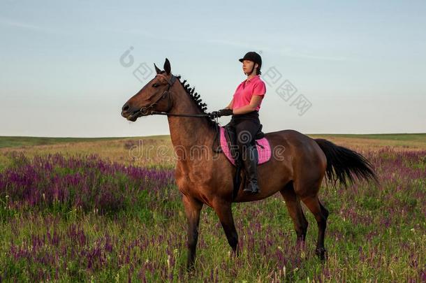女骑马者赛马骑师采用制服rid采用g马在户外