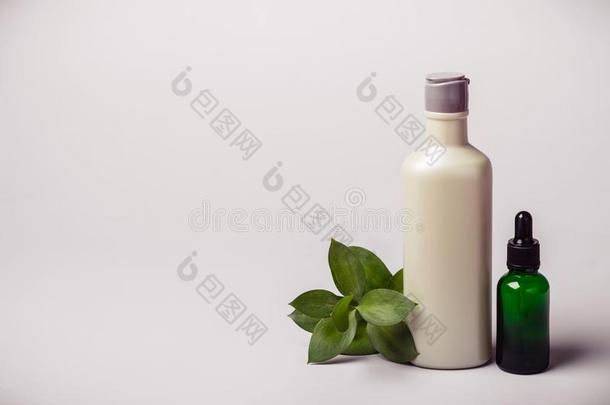 瓶子和化妆品产品,本质油和绿色的细枝