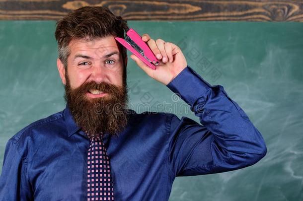 背向学校和学习.教师有胡须的男人和粉红色的standardtestandgramminglanguage标准测试与程序设计语言