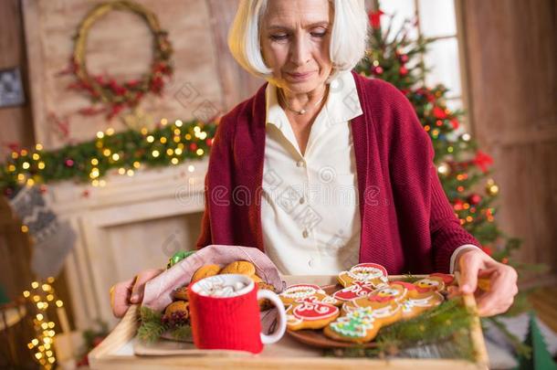 女人佃户租种的土地盘子和圣诞节甜饼干