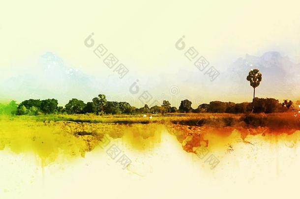 抽象的美丽的田风景向富有色彩的水彩帕蒂