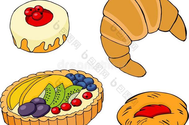 糕点,羊角面包,成果酸的,硬面包圈和果酱-满的糕点