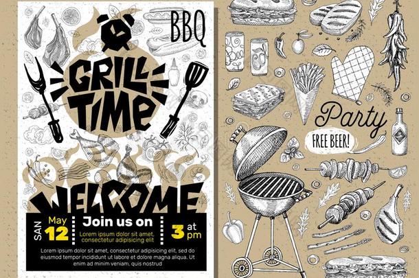 烧烤时间社交聚会barbecue吃烤烧肉的野餐食物海报.烧烤ed食物,肉鱼植物