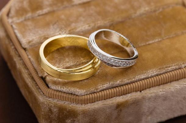 两个-声调婚礼戒指采用丝绒珠宝盒
