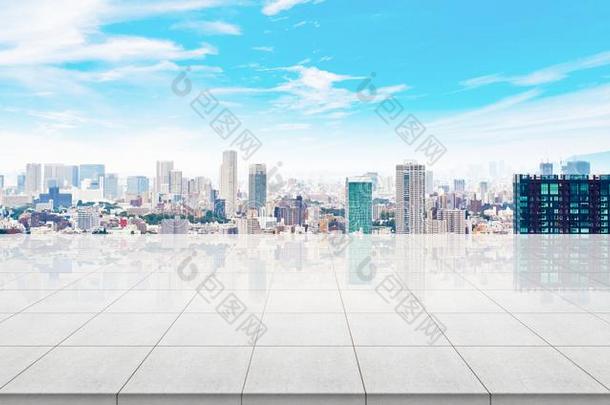 空的大理石地面顶和全景的现代的城市风光照片建筑物