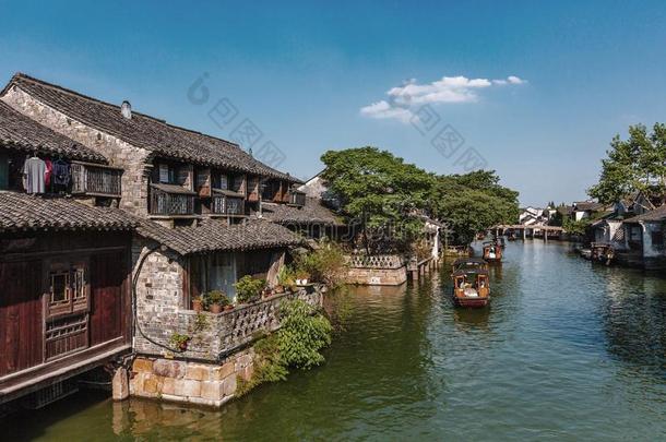 传统的中国人小船和房屋采用乌镇,Ch采用a