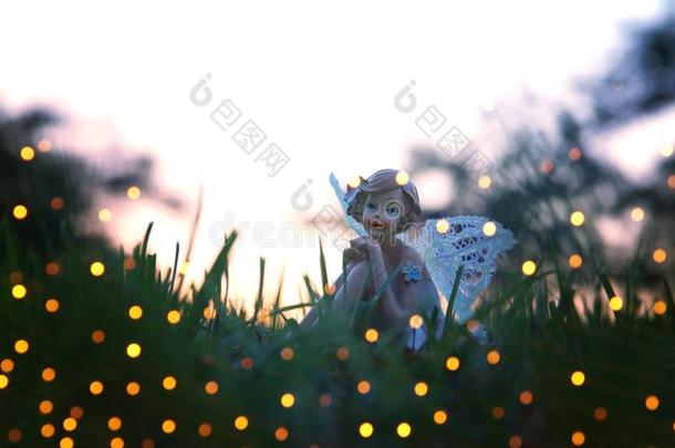 影像关于魔力的小的仙女采用指已提到的人森林在日落.