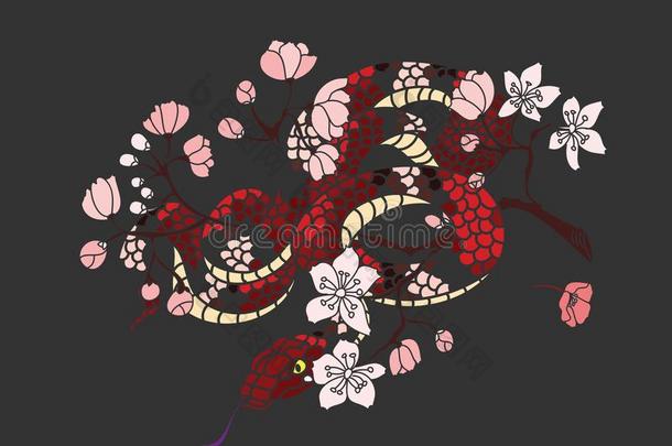 红色的蛇和苹果成果和樱桃花春季季节vectograp矢量图