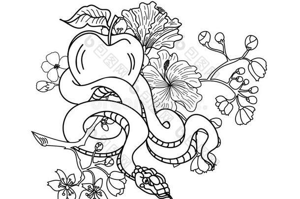 蛇文身和说明设计和樱花树枝