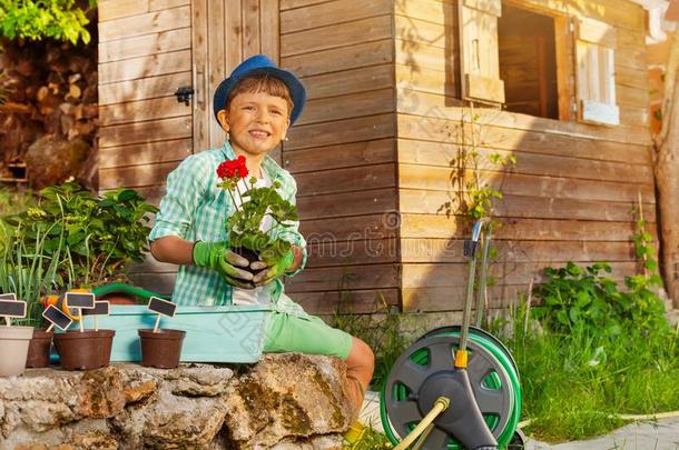小的男孩工作的采用指已提到的人花园在和煦的：照到阳光的一天