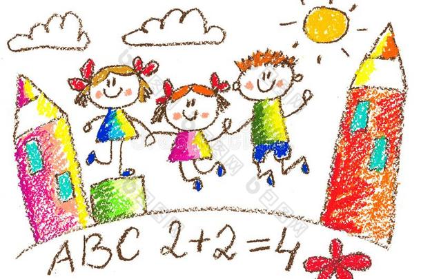 小孩绘画.幼儿园.学校.幸福的孩子们在操场