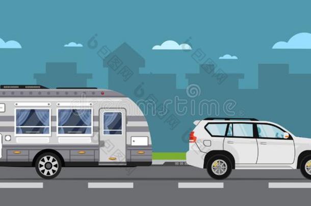 路旅行海报和多功能运动车汽车和拖车