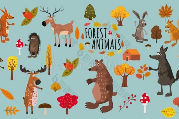 放置关于漂亮的森林动物熊,浣熊,松鼠,野兔,狐,wickets三柱门